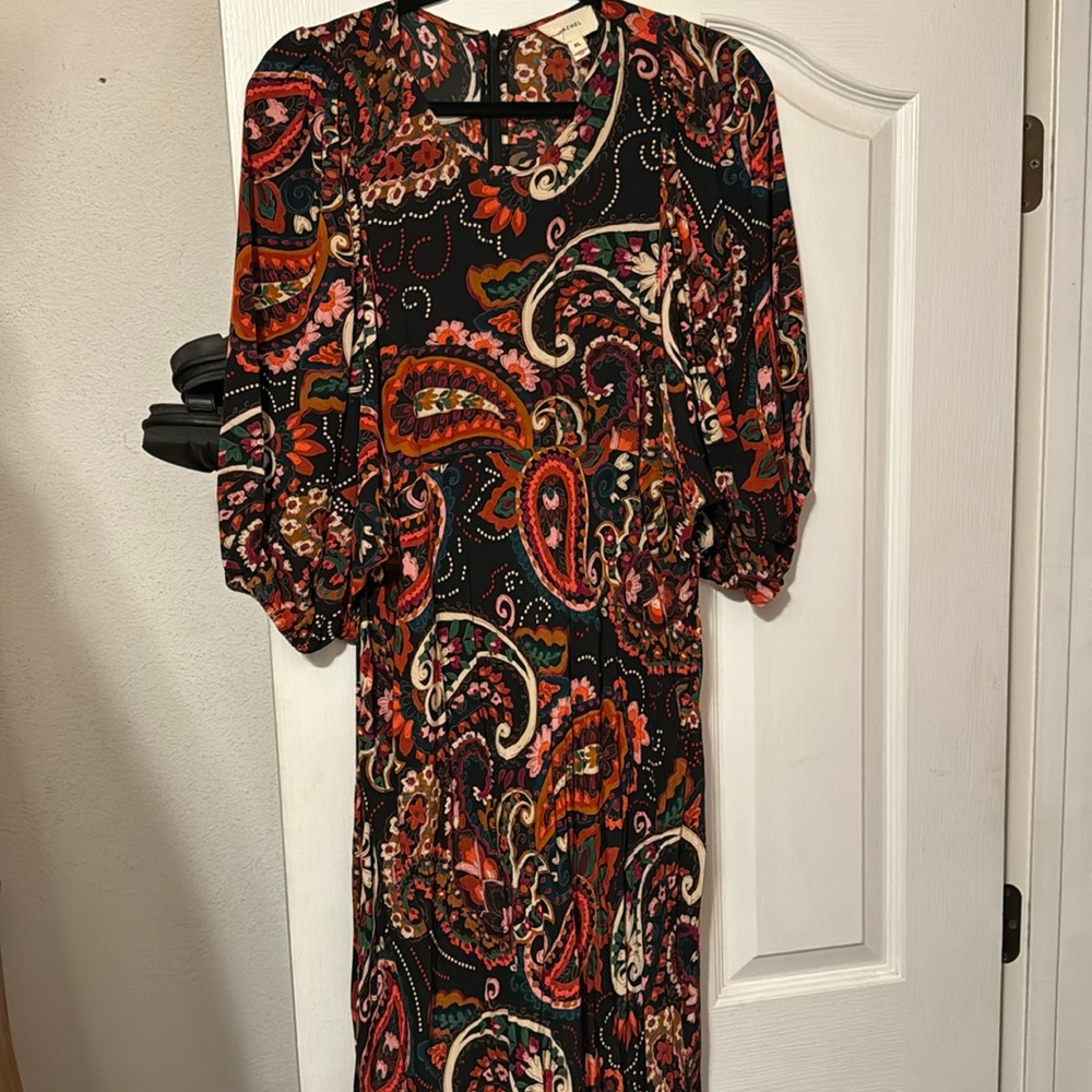 Anthropologie Black Paisley Midi Dress with Red & Orange Accents